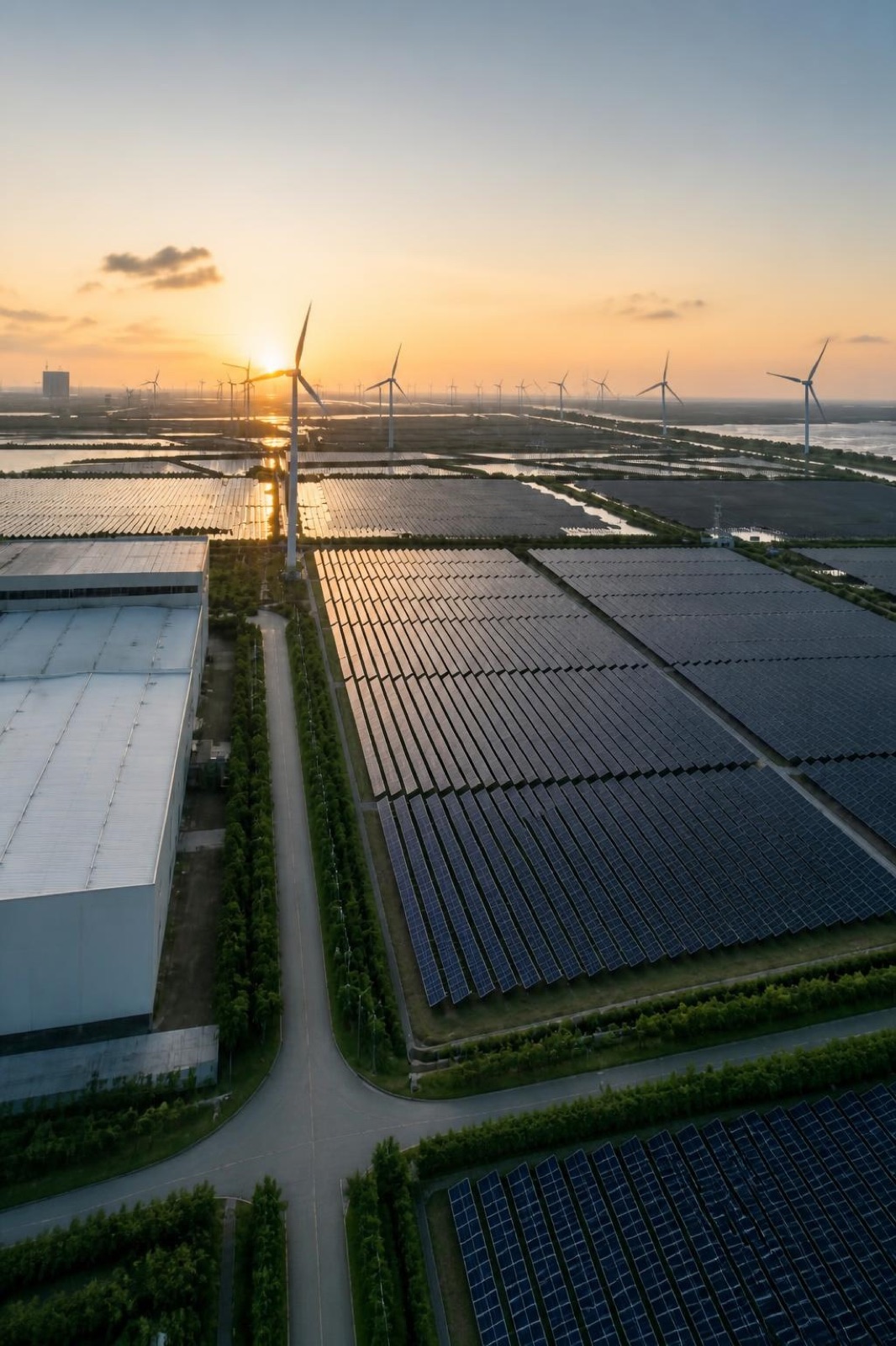 夕暮れの太陽光発電所と風力発電機